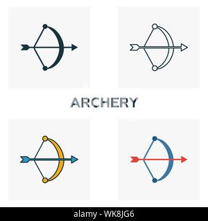 Archery icon set. Four elements in diferent styles from honeymoon icons collection. Creative archery icons filled, outline, colored and flat symbols Stock Vector
