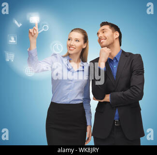 man and woman working with virtual screen Stock Photo