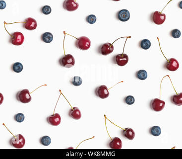 Cherries and blueberries on the white background, seamless pattern Stock Photo