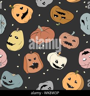 Funny Halloween seamless pattern with pumpkins characters. Different characters, colors, forms, and emotions. Vector illustration Stock Vector