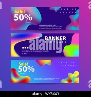 Set of abstract modern graphic liquid banners. Dynamical waves different colored fluid forms. Isolated templates with flowing liquid shapes. Stock Vector