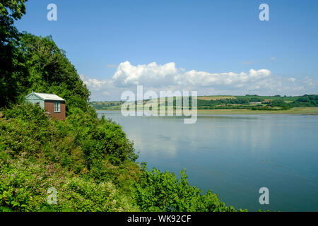 Dylan Thomas's  writing shed over-looking the River Taf Laugharne Carmarthenshire Wales Stock Photo