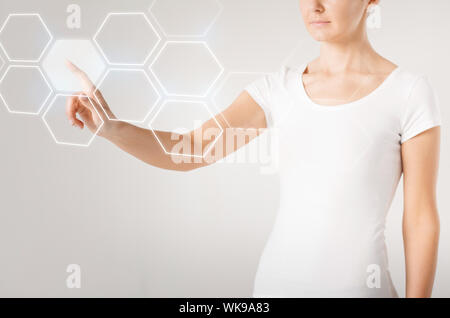 woman hand pressing virtual button Stock Photo