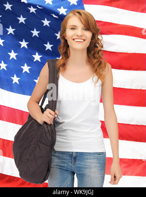 bright picture of travelling student with bag over american flag Stock Photo
