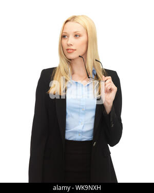 bright picture of friendly young smiling woman with eyeglasses Stock Photo