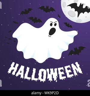 Happy Halloween text postcard banner with ghost scary face, night sky, moon, flying bats and text happy halloween isolated on dark background flat sty Stock Vector