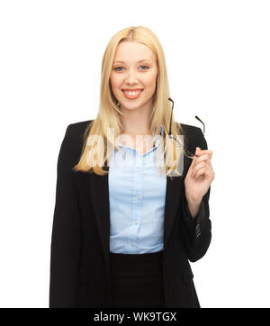 bright picture of friendly young smiling woman with eyeglasses Stock Photo