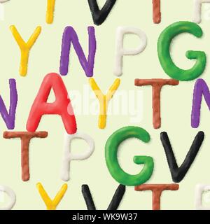 Seamless pattern with alphabet. Handmade modeling clay letters. Realistic 3d vector background. Stock Vector