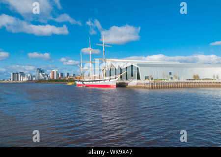 SV Glenlee berthed alongside Riverside Museum , Museum of Transport and Travel Yorkhill Quay City of Glasgow taken from Govan Scotland Stock Photo