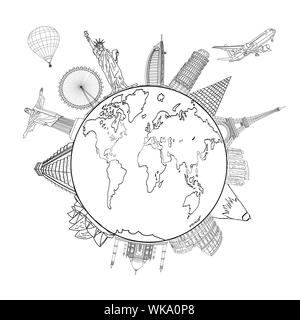 sketching the Earth and Global map with landmarks Stock Photo - Alamy