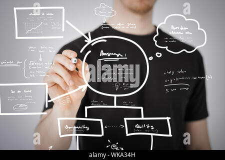 man drawing plan on the virtual screen Stock Photo