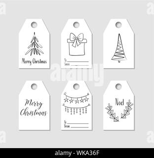 Hand drawn Christmas gift tags. Vector monochrome labels Stock Vector