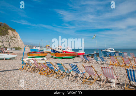 Deck Chairs and Fishing boats on Beer Beach, Beer Devon England Stock Photo