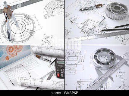 Collection of images on engineering topics. Drawings and engineer tools Stock Photo