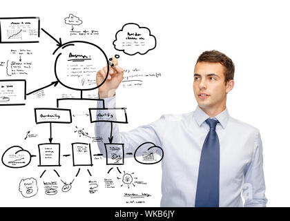 business, new technology and office concept - attractive buisnessman or teacher with marker deawing plan on virtual screen Stock Photo
