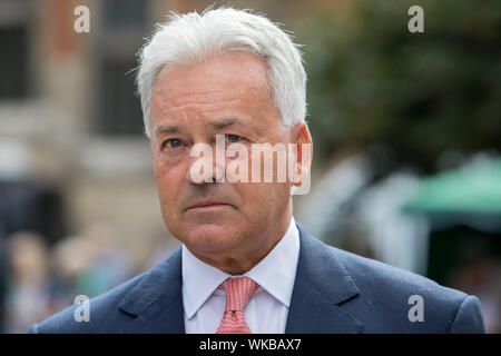 College Green, London, UK. 3 September 2019.  Sir Alan Duncan Conservative MPs in College Green.  The Prime Minister, Boris Jonson faces a rebellion by senior Conservative MPs over plans to effectively block the UK leaving the EU without a deal on 31 October. The Tories rebels plan to back a motion in Parliament for a new legislation to delay Brexit until January 2020. Unless the government agrees to a no-deal exit or a new Withdrawal agreement with the EU. Stock Photo