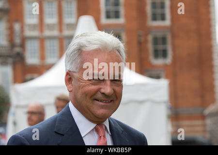 College Green, London, UK. 3 September 2019.  Sir Alan Duncan Conservative MPs in College Green.  The Prime Minister, Boris Jonson faces a rebellion by senior Conservative MPs over plans to effectively block the UK leaving the EU without a deal on 31 October. The Tories rebels plan to back a motion in Parliament for a new legislation to delay Brexit until January 2020. Unless the government agrees to a no-deal exit or a new Withdrawal agreement with the EU. Stock Photo