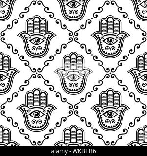 Hamsa hand seamless vector pattern, Khamsa or Hand of Fatima repetitive design, symbol of protection from devil eye background in black and white. Stock Vector