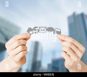 man hands showing paper symbols Stock Photo