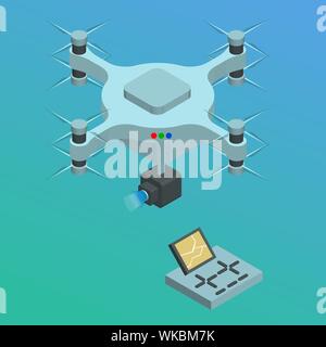 Isometric illustration Drone with action camera. Fly devices icon. Professional Electronic Device. Gradient background. Stock Vector