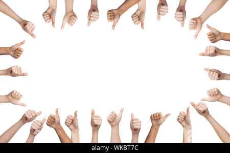 gesture and body parts concept - human hands showing thumbs up in circle Stock Photo