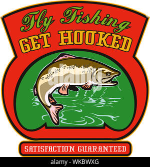 illustration of a trout fish jumping with lake river in background and shield wordings "fly fishing get hooked satisfaction guaranteed" Stock Photo