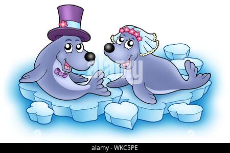 Wedding image with cute seals - color illustration. Stock Photo