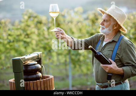 Senior well-dressed winemaker checking wine quality, while standing with wineglass near the press machine on the vineyard on a sunny evening Stock Photo