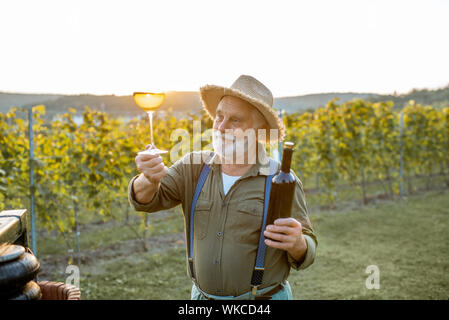 Portrait of a senior well-dressed winemaker checking the wine quality on the vineyard during a sunset. Concept of a winemaking in older age Stock Photo