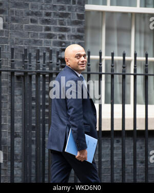 Downing Street, London, UK. 4th September 2019. Chancellor of the Exchequer Sajid Javid leaves 11 Downing Street to attend Parliament where he will present his spending plans. Credit: Malcolm Park/Alamy Live News. Stock Photo