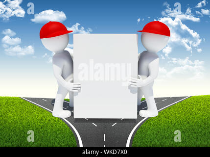Two white 3d man holding big box. Fork in the road as backdrop Stock Photo