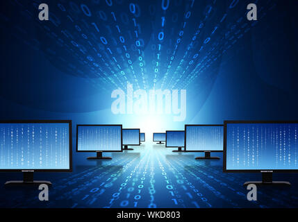 Rows monitors with glowing figures. Hi-tech technological background Stock Photo