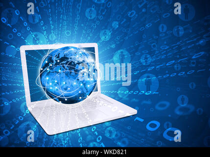 Laptop with glowing figures and Earth. Hi-tech technological background. Elements of this image are furnished by NASA Stock Photo