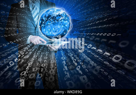 Businessman holding tablet in his hands. Glowing figures and Earth. Elements of this image are furnished by NASA Stock Photo