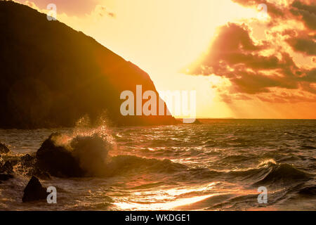 Golden light reflects on the water as waves break over rocky coastal area of the UK at sunset in Devon Stock Photo