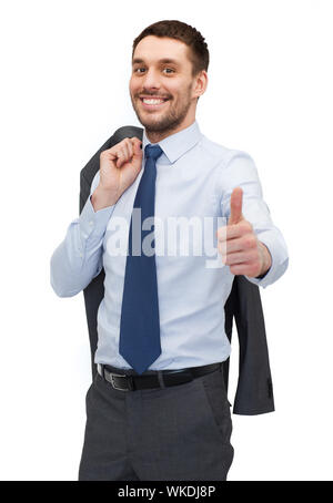 business and office concept - handsome buisnessman with jacket over shoulder showing thumbs up Stock Photo