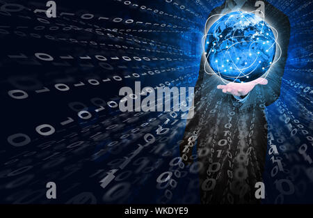 Businessman holding glowing figures and Earth. Elements of this image are furnished by NASA Stock Photo