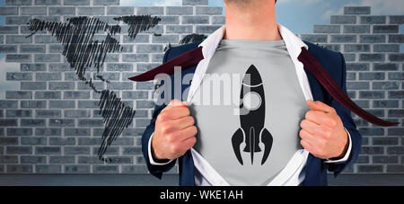 Businessman opening shirt in superhero style against world map doodle against wall Stock Photo