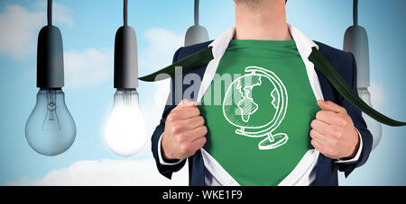Businessman opening shirt in superhero style against five light bulbs in row Stock Photo