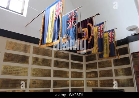 Plaques and standards in St GEorge's memorial church in Ypres / Ieper Flanders Stock Photo