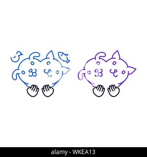 Love for pets outline icons, dog and cat in the form of a heart symbol that is held by human hands isolated on white background Stock Vector