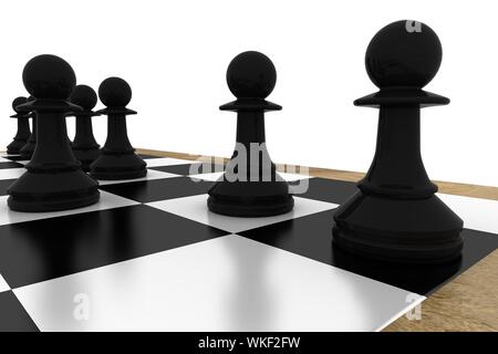 Black pawns on chess board on white background Stock Photo