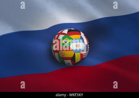 Football in multi national colours against russia flag Stock Photo