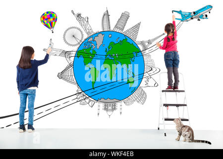 two girl kids drawing worldwide map and famous landmark Stock Photo