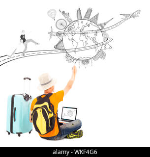 backpacker draw a travel trip planning Stock Photo