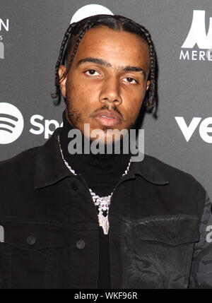 Rapper AJ Tracey on the red carpet arrivals board during the AIM Independent Music Awards 2019 held at the Roundhouse in London. Stock Photo