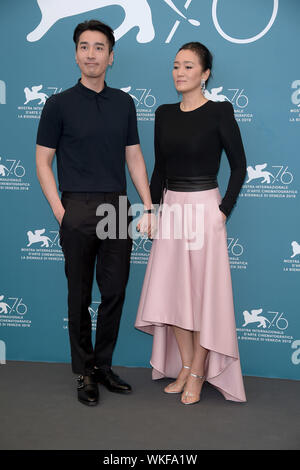 Venezia, Italy. 04th Sep, 2019. 76th Venice Film Festival 2019, Photocall film ‘Lan xin da ju yuan (Saturday fiction)'. Pictured: Gong Li, Mark Chao Credit: Independent Photo Agency/Alamy Live News