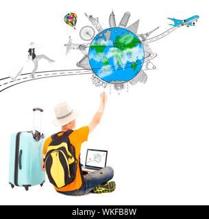 backpacker draw a travel trip planning Stock Photo