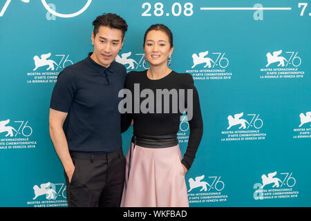 VENICE, ITALY - 04th September, 2019. Mark Chao and Gong Li attend a photocall for the World Premiere of 'Lan Xin Da Ju Yuan (Saturday Fiction)' during the 76th Venice Film Festival at Palazzo del Casinò on September 04, 2019 in Venice, Italy. © Roberto Ricciuti/Awakening/Alamy Live News