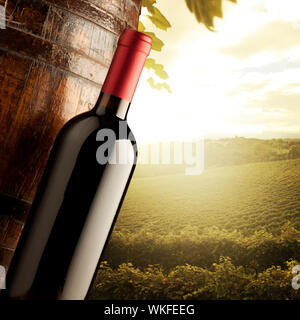 Wine bottle and wodden barrel with sunny rural landscape on background. Stock Photo